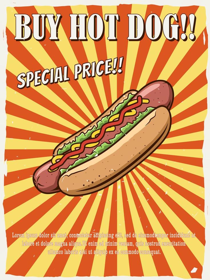 conception d'affiche promotionnelle de hot-dog, style vintage vecteur