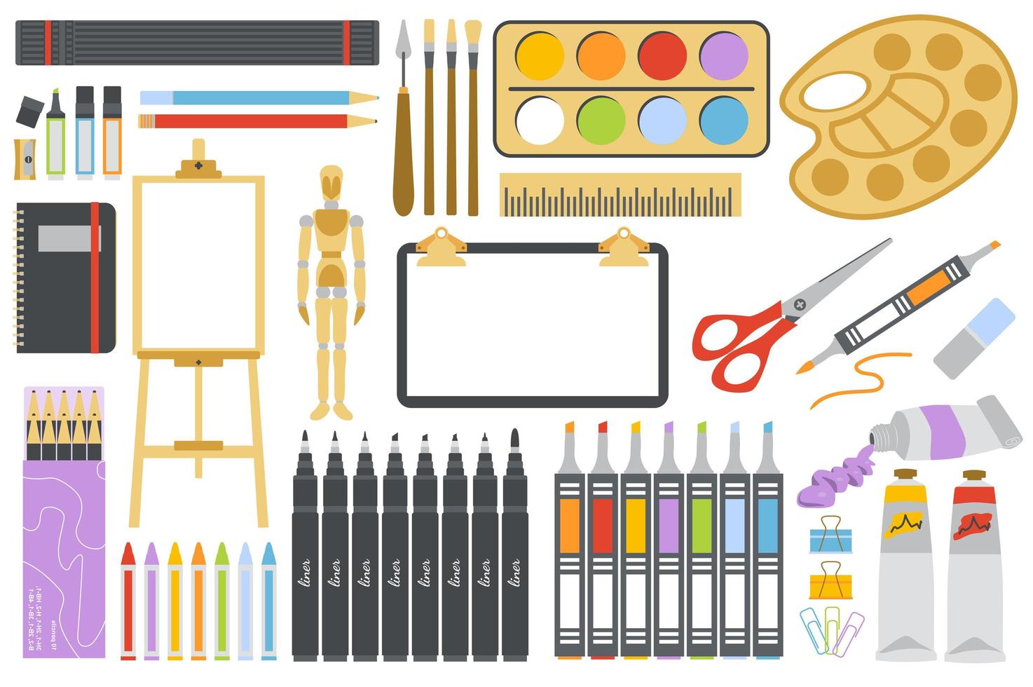 outils de dessin d'artiste dans un dessin animé plat. instruments de peintre éléments isolés. chevalet, toile, crayons, peintures, marqueurs, palette, ciseaux, bloc-notes papeterie et autres. illustration vectorielle vecteur