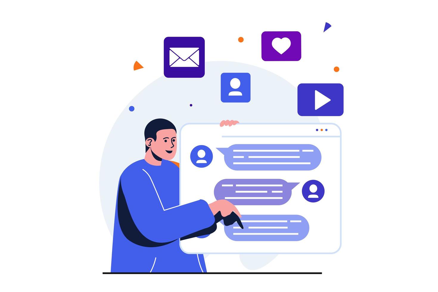 concept plat moderne de marketing des médias sociaux pour la conception de bannières web. un spécialiste du marketing fait une newsletter promotionnelle par e-mail ou messagers, promotion en ligne. illustration vectorielle avec scène de personnes isolées vecteur