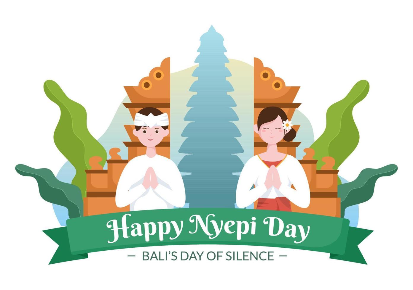 joyeux jour de nyepi ou silence de bali pour les cérémonies hindoues à bali avec galungan, kuningan et ngembak geni en arrière-plan de l'illustration du temple vecteur