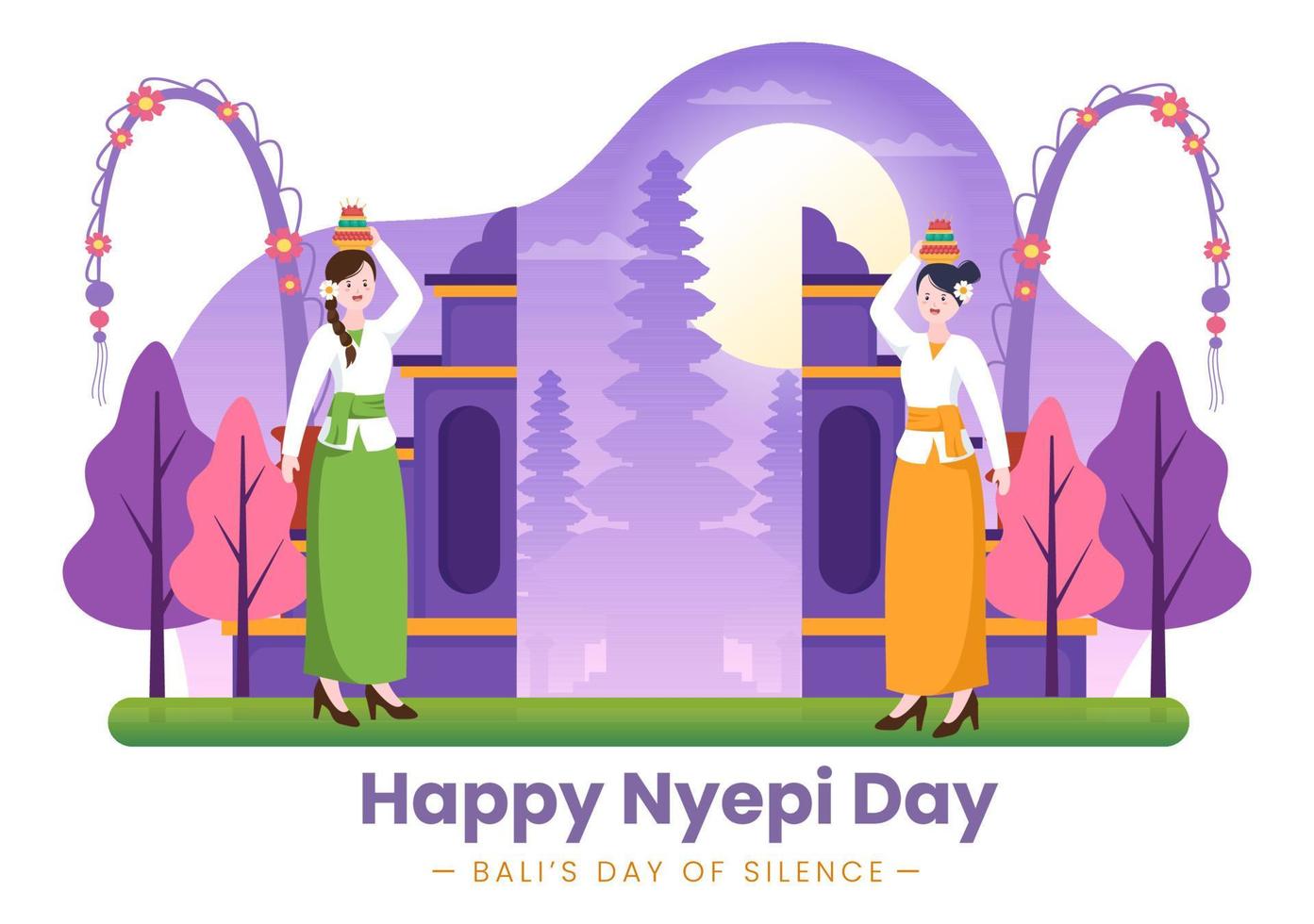 joyeux jour de nyepi ou silence de bali pour les cérémonies hindoues à bali avec galungan, kuningan et ngembak geni en arrière-plan de l'illustration du temple vecteur