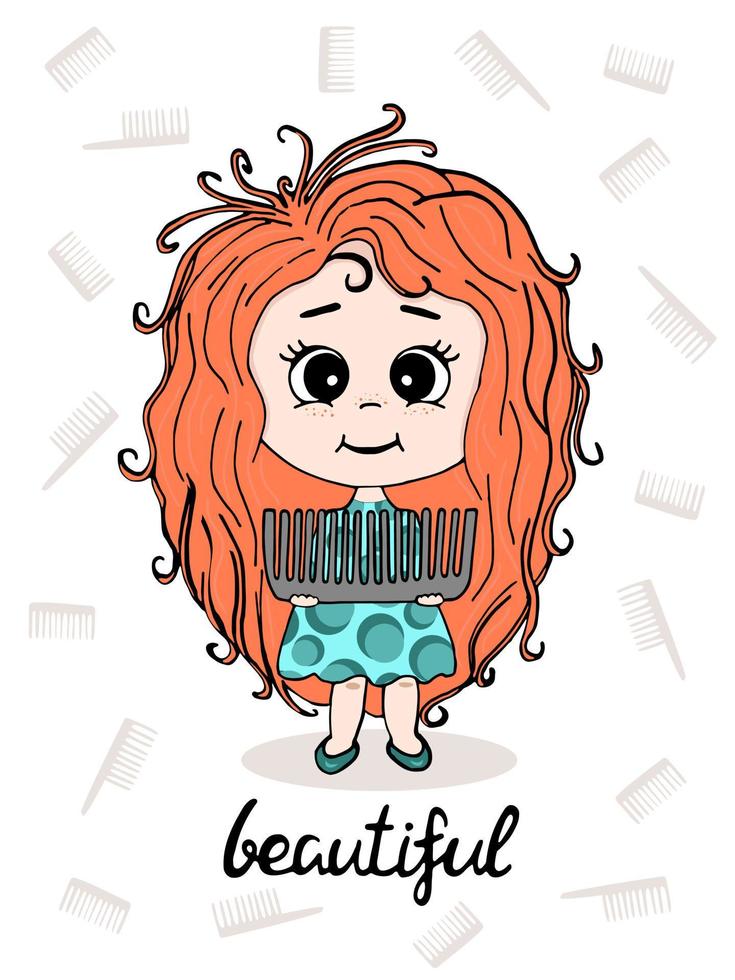 jolie petite fille de dessin animé et brosse à cheveux. conception d'illustration vectorielle pour les tissus de mode, les graphiques textiles, les imprimés, le logo. vecteur