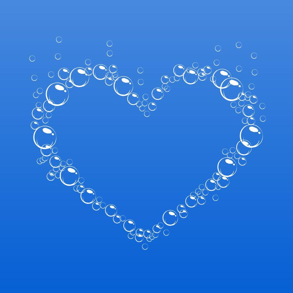 cadre de bulles effervescentes en forme de coeur. mousse de savon de dessin animé sur fond bleu. illustration vectorielle réaliste. symbole de la Saint-Valentin et de l'amour. vecteur