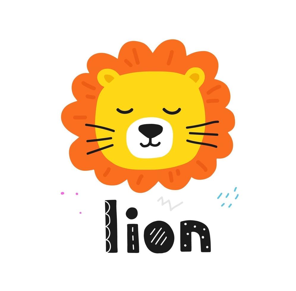 mignon lion dessiné à la main et lettrage. illustration vectorielle plane pour la conception d'enfant isolée sur fond blanc. vecteur