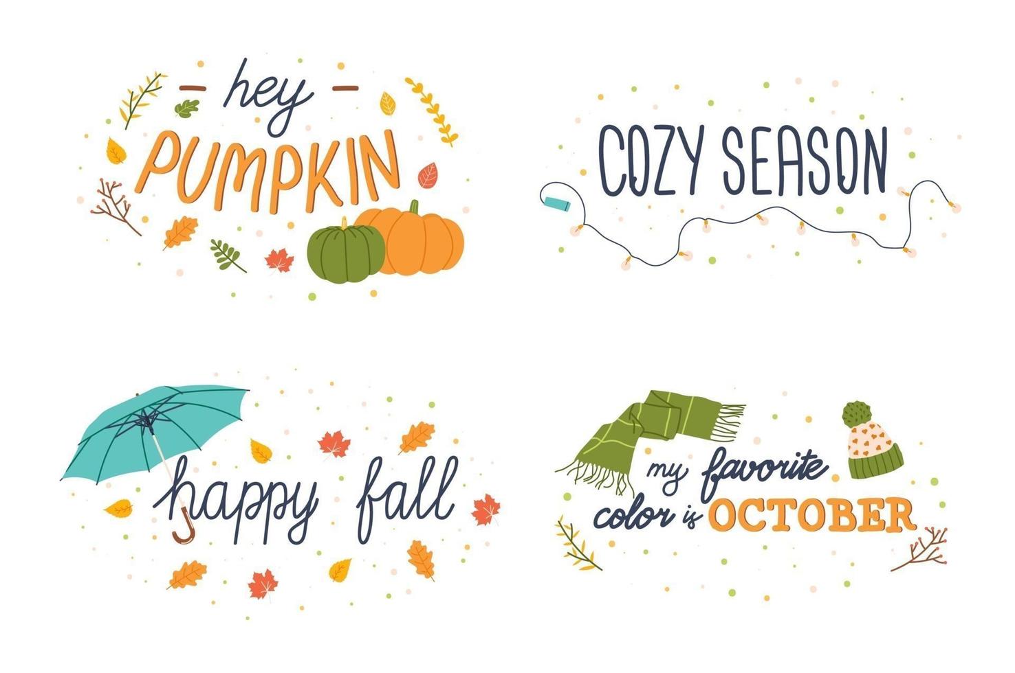 jeu de lettrage d'automne. slogans de la saison d'automne dessinés à la main. illustration vectorielle pour autocollants ou scrapbooking. vecteur