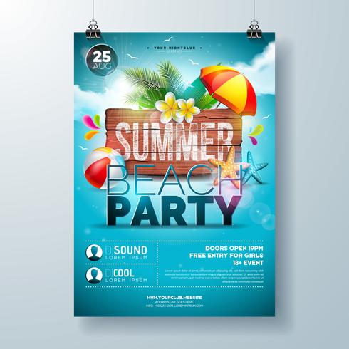 Vector Summer Beach Party Flyer Design avec fleur, feuilles de palmier et étoile de mer sur fond bleu de l&#39;océan. Illustration de vacances d&#39;été avec planche de bois vintage