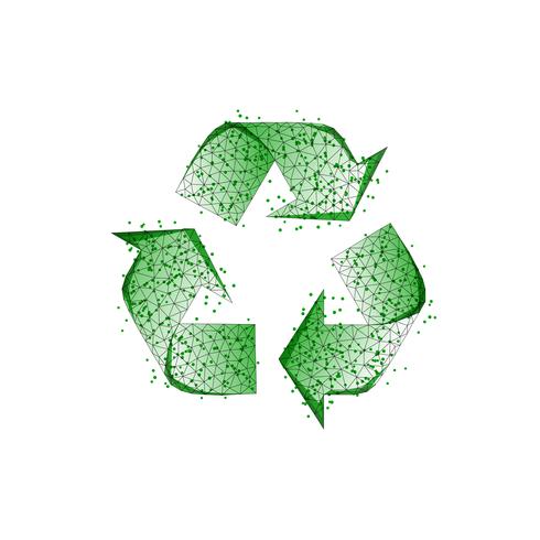 Signe de recyclage vert composé de lignes, points, triangles, formes low poly isolées sur fond blanc. vecteur