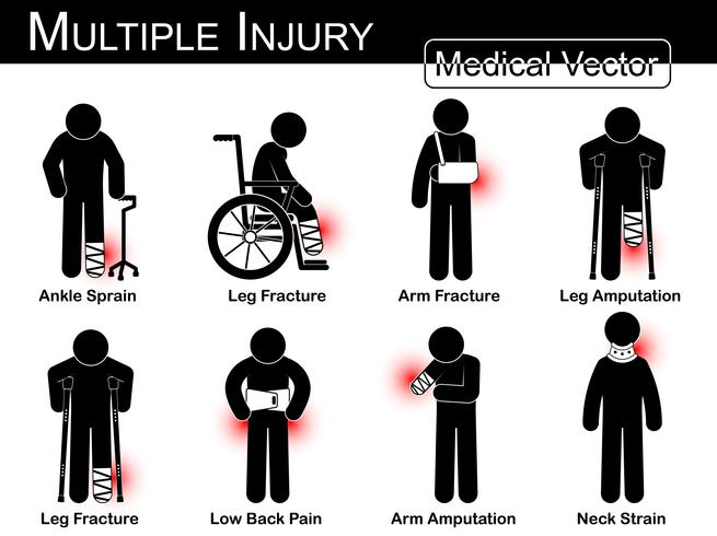 Ensemble de blessures multiples. Entorse de la cheville . Fracture de la jambe. Fracture du bras. Amputation de la jambe. Fracture de la jambe. Douleur dans le bas du dos . Amputation du bras. Fatigue au cou. Homme de bâton médical de vecteur. concept de  vecteur