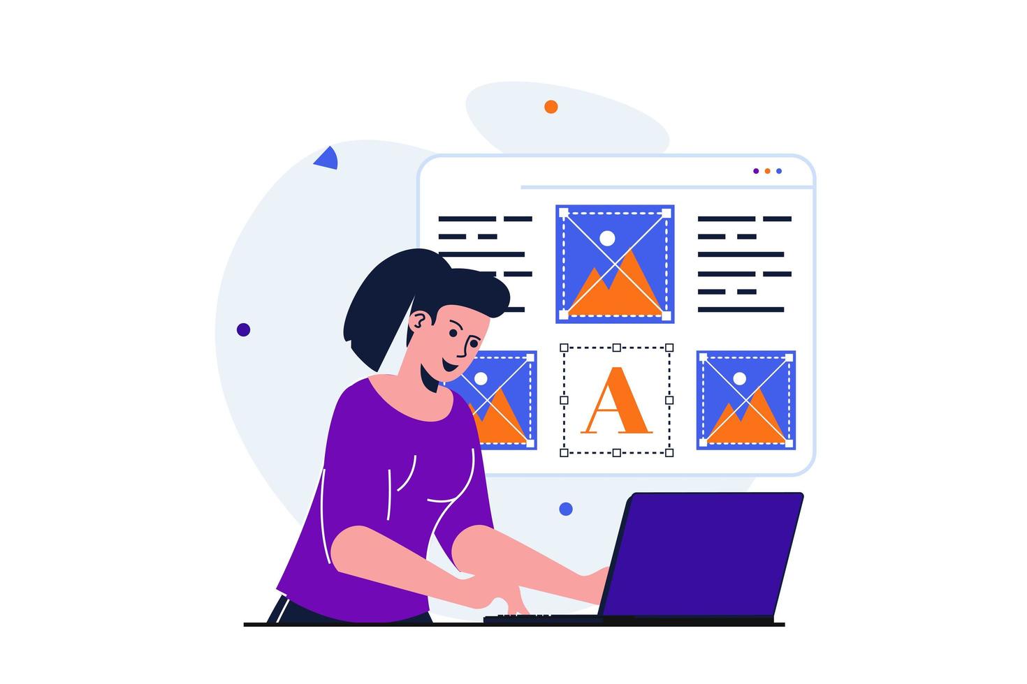 concept plat moderne de gestionnaire de contenu pour la conception de bannières web. une femme écrit des articles et publie des images, remplit des sites Web d'informations, travaille à partir d'un ordinateur portable. illustration vectorielle avec scène de personnes isolées vecteur