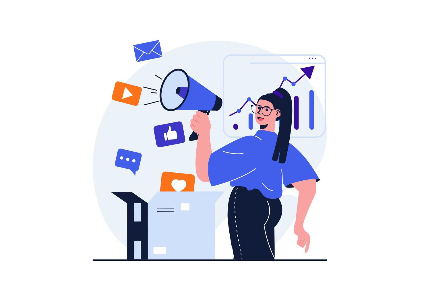 concept plat moderne de marketing des médias sociaux pour la conception de bannières web. une femme spécialiste du marketing fait une campagne publicitaire en ligne, crée et publie du contenu publicitaire. illustration vectorielle avec scène de personnes isolées vecteur