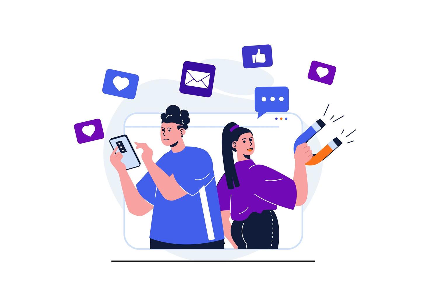 concept plat moderne de marketing des médias sociaux pour la conception de bannières web. l'homme fait des messages publicitaires dans l'application mobile, la femme avec un aimant attire de nouveaux clients. illustration vectorielle avec scène de personnes isolées vecteur