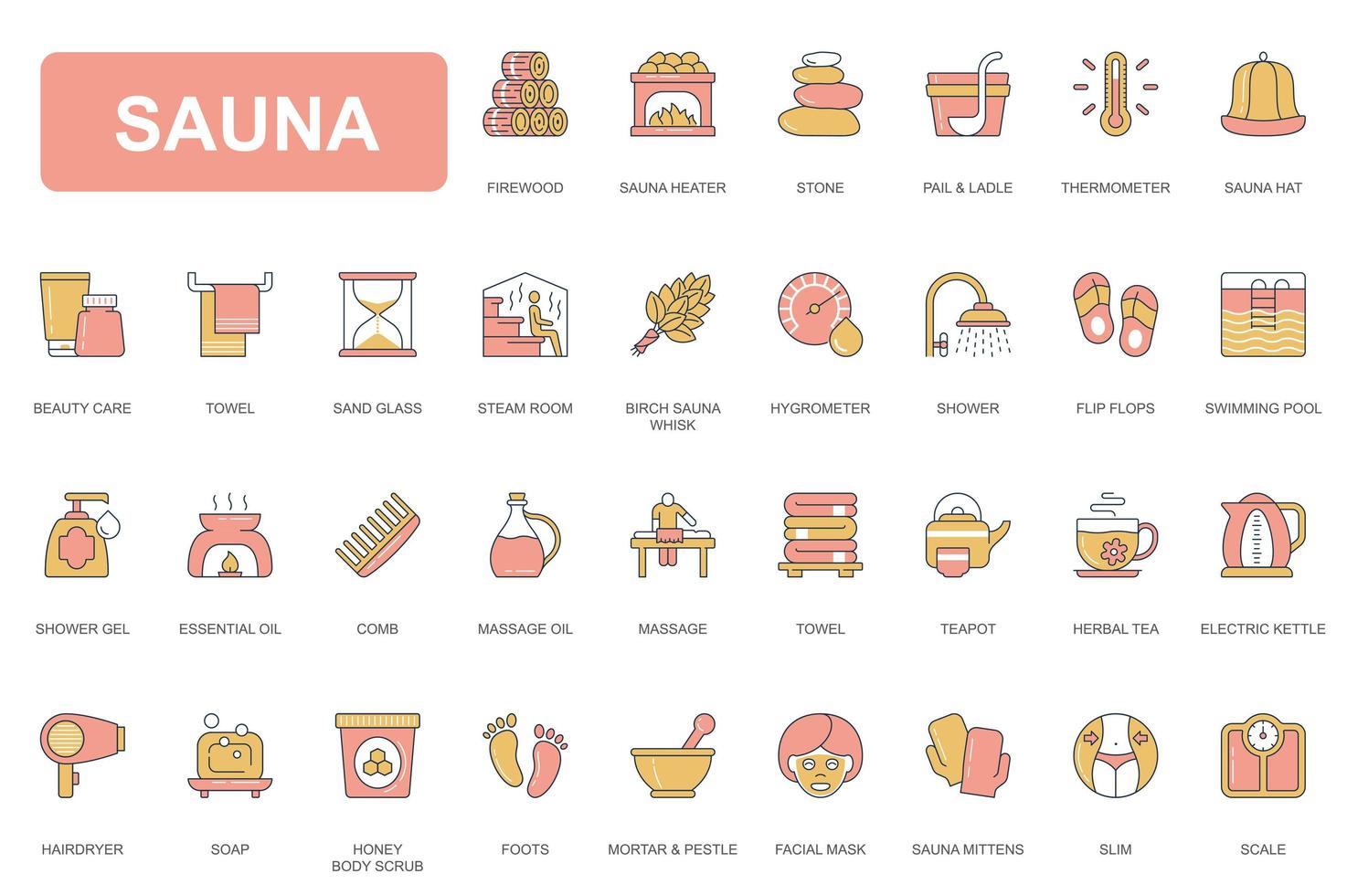 ensemble d'icônes de ligne simple de concept de sauna. emballer les pictogrammes de pierre, thermomètre, soins de beauté, serviette, hygromètre, piscine, savon, thé et autres. éléments vectoriels pour l'application mobile et la conception web vecteur