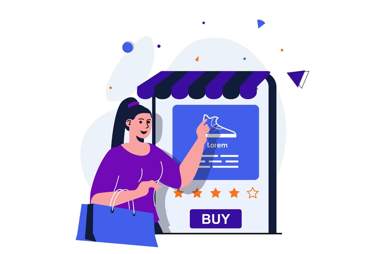 concept plat moderne de commerce mobile pour la conception de bannières web. la femme choisit des chaussures dans la boutique en ligne, regarde la note et fait l'achat dans l'application. illustration vectorielle avec scène de personnes isolées vecteur