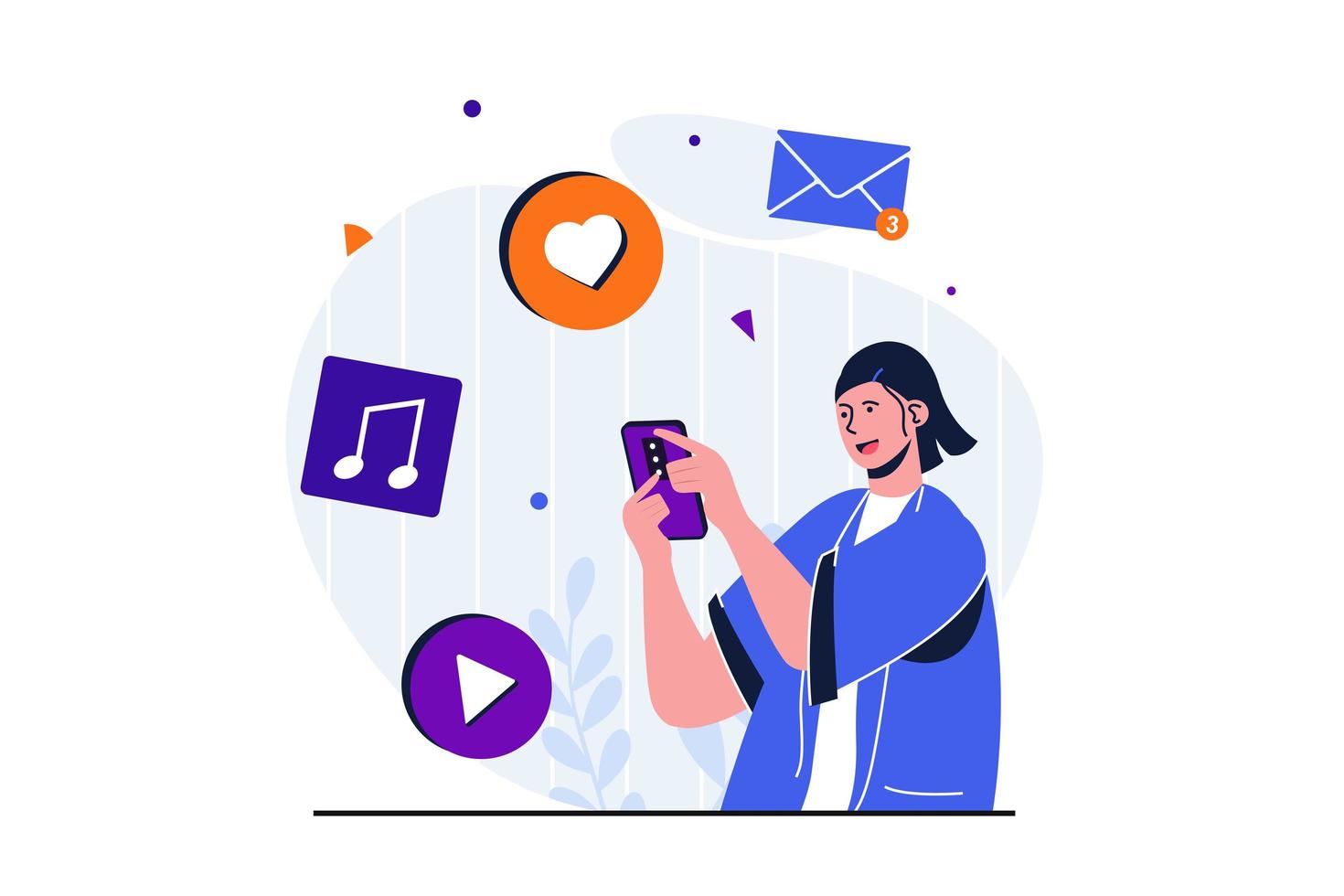 concept plat moderne de marketing numérique pour la conception de bannières web. la femme travaille sur un téléphone portable, poste et fait des envois, attire un nouveau public, e-commerce. illustration vectorielle avec scène de personnes isolées vecteur