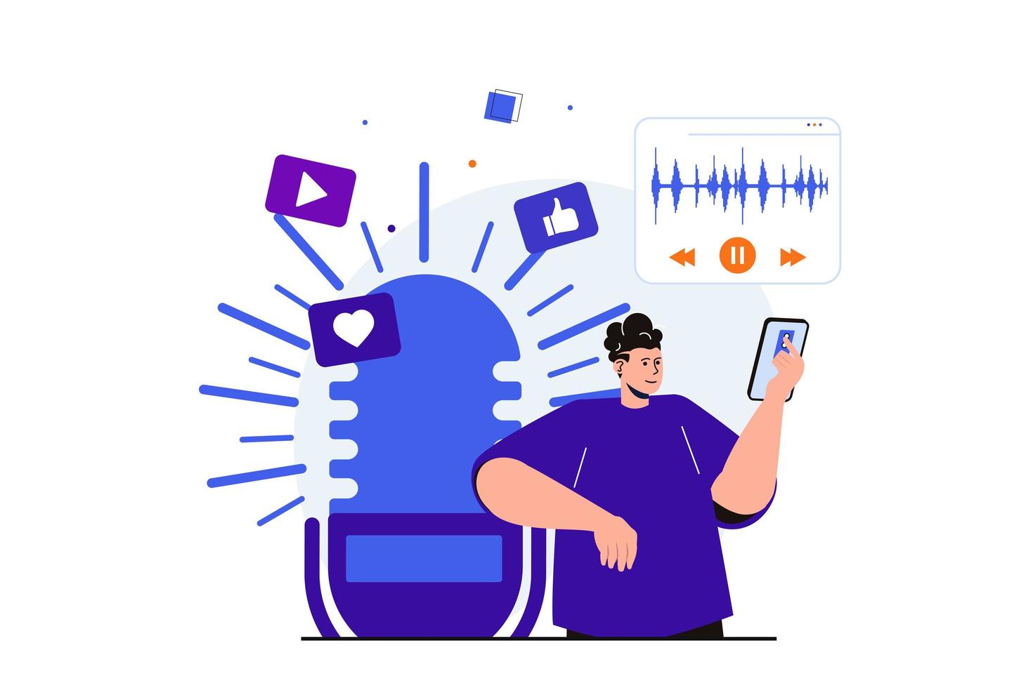 podcast streaming concept plat moderne pour la conception de bannières web. homme écoutant une émission en direct ou de la musique à l'aide d'une application de lecteur audio sur un téléphone mobile. illustration vectorielle avec scène de personnes isolées vecteur