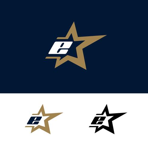 Modèle de logo lettre E avec élément de design étoile. Vecteur illustra