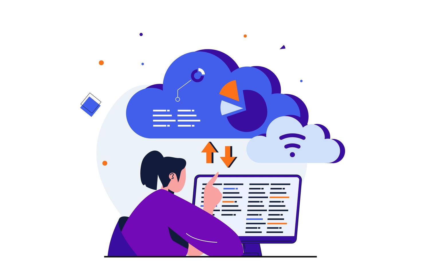 cloud computing concept plat moderne pour la conception de bannières web. femme développeur travaillant sur ordinateur, codage et programmation à l'aide de la technologie cloud sans fil. illustration vectorielle avec scène de personnes isolées vecteur