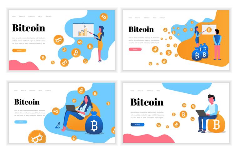 Ensemble de modèles de conception de page Web. Notions d&#39;illustration vectorielle plat moderne pour site Web et d&#39;atterrissage. Crypto monnaie, bitcoin, pièces de monnaie et graphiques. Mines et blockchain vecteur