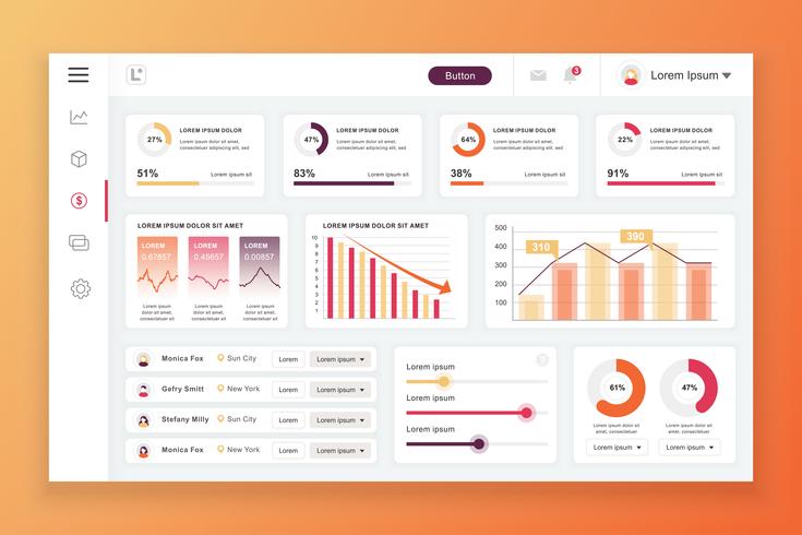 Modèle de conception de vecteur de tableau de bord admin avec des éléments infographiques, graphique, diagramme, graphiques d&#39;informations. Tableau de bord du site Web pour la page Web de conception d&#39;interface utilisateur et d&#39;ux. Illustratio