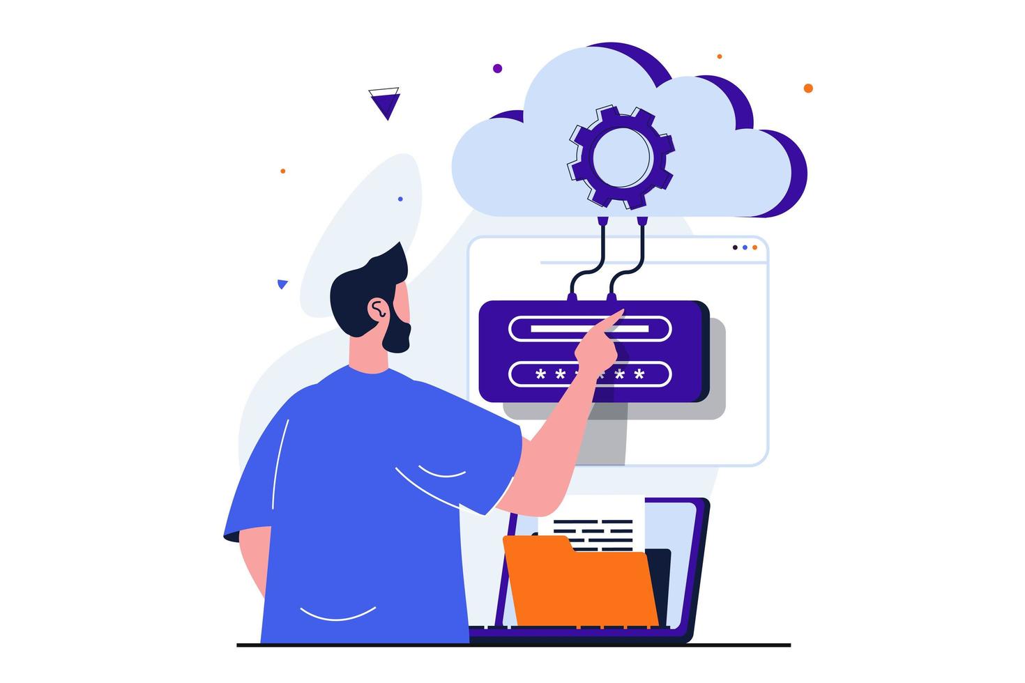 cloud computing concept plat moderne pour la conception de bannières web. l'homme entre le mot de passe et la connexion pour accéder au stockage en nuage pour le téléchargement et le traitement des fichiers. illustration vectorielle avec scène de personnes isolées vecteur