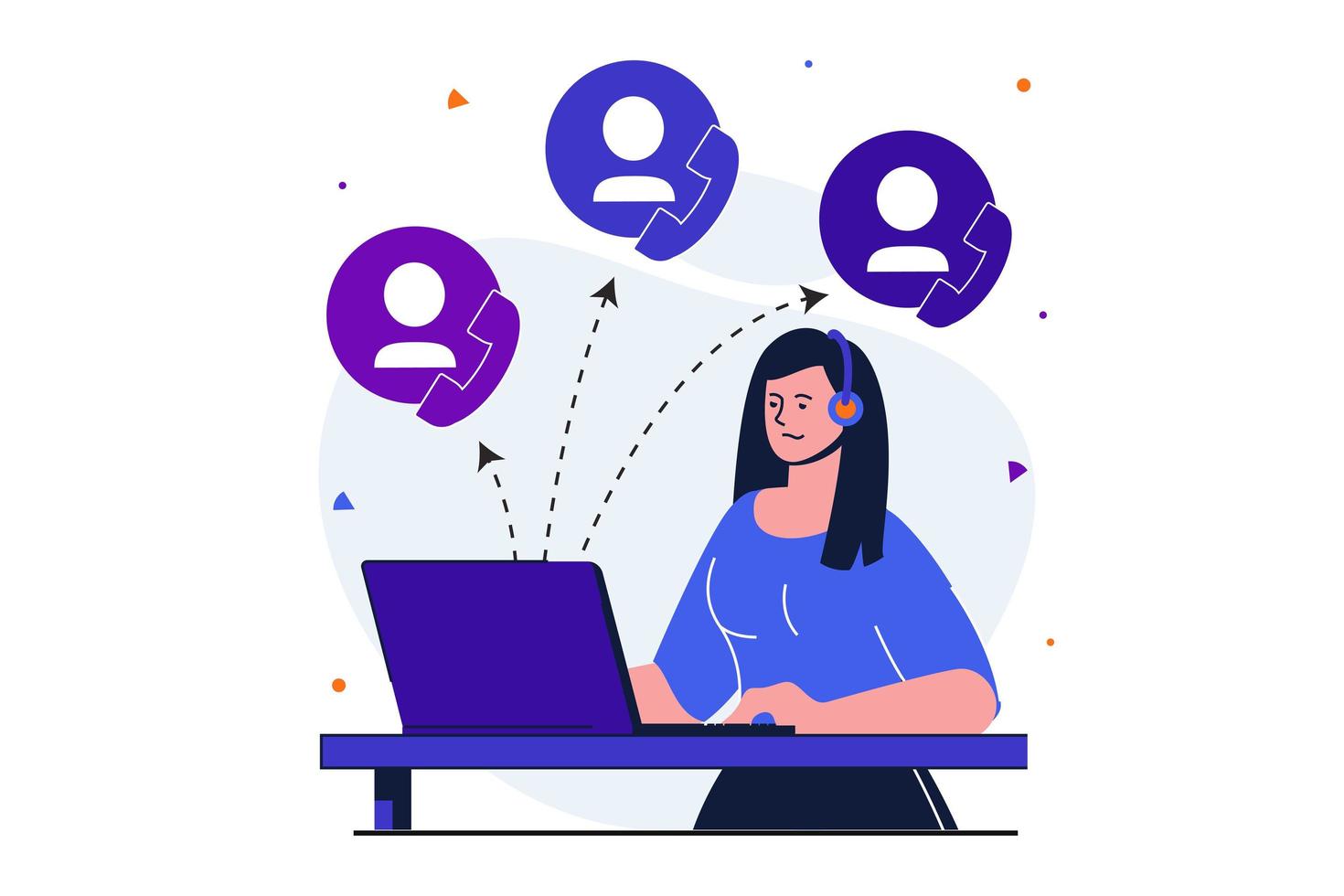 concept plat moderne de service client pour la conception de bannières web. consultante travaillant sur un ordinateur portable et répondant aux appels des clients. l'opérateur travaille sur la hotline. illustration vectorielle avec scène de personnes isolées vecteur