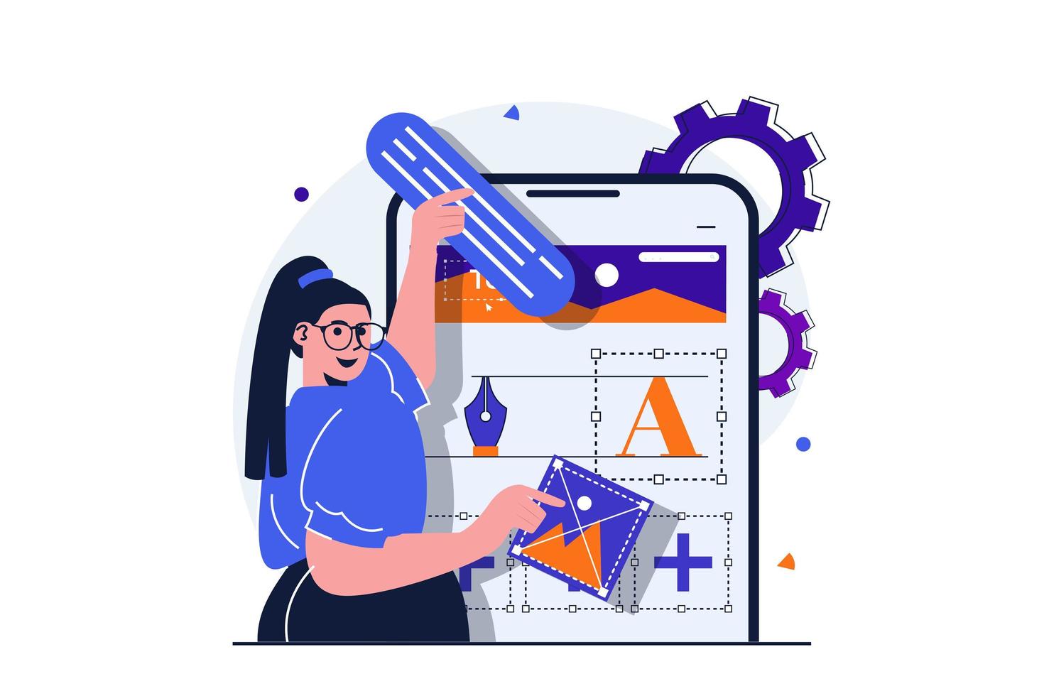 concept plat moderne de gestionnaire de contenu pour la conception de bannières web. la femme place des blocs avec du texte, des images et des éléments dans la mise en page du site pour téléphone mobile. illustration vectorielle avec scène de personnes isolées vecteur
