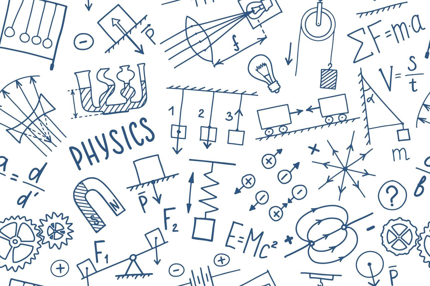 symboles de physique doodle modèle sans couture. conception de modèle de couverture de sujet scientifique. concept d'étude de l'éducation. retour à l'arrière-plan fragmentaire de l'école pour cahier, pas de bloc-notes, carnet de croquis. vecteur