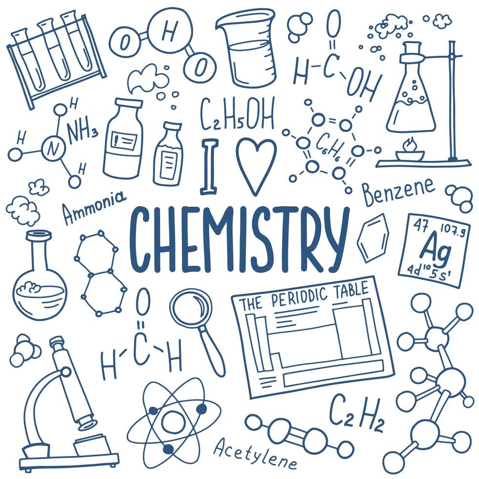 jeu d'icônes de symboles de chimie. conception de doodle de sujet scientifique. concept d'éducation et d'étude. retour à l'arrière-plan fragmentaire de l'école pour cahier, pas de bloc-notes, carnet de croquis. vecteur