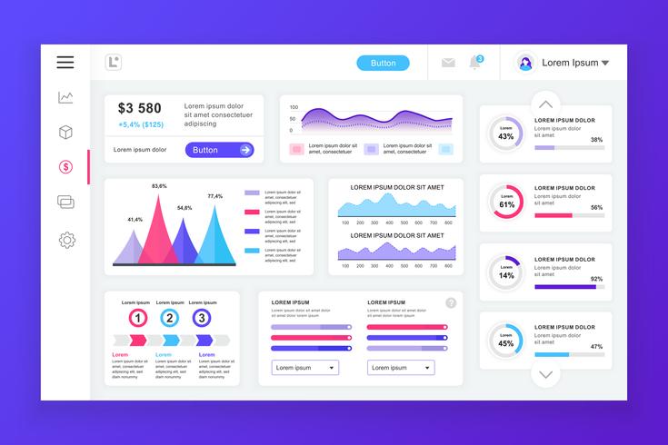 Modèle de conception de vecteur de tableau de bord admin avec des éléments infographiques, graphique, diagramme, graphiques d&#39;informations. Tableau de bord du site Web pour la page Web de conception d&#39;interface utilisateur et d&#39;ux. Illustratio