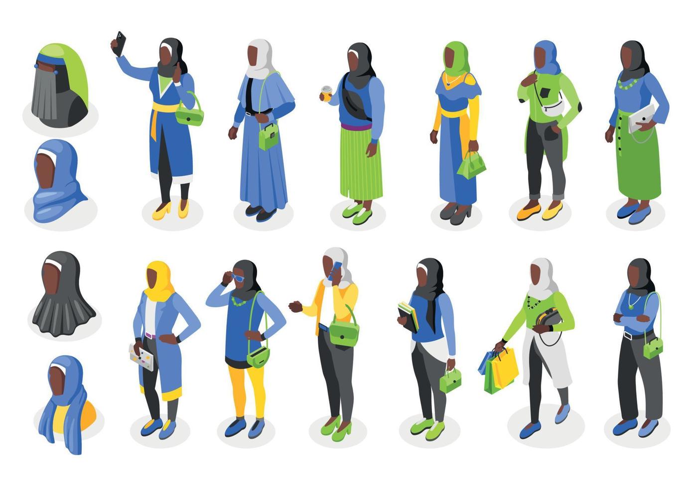 ensemble de recoloration isométrique hijab vecteur