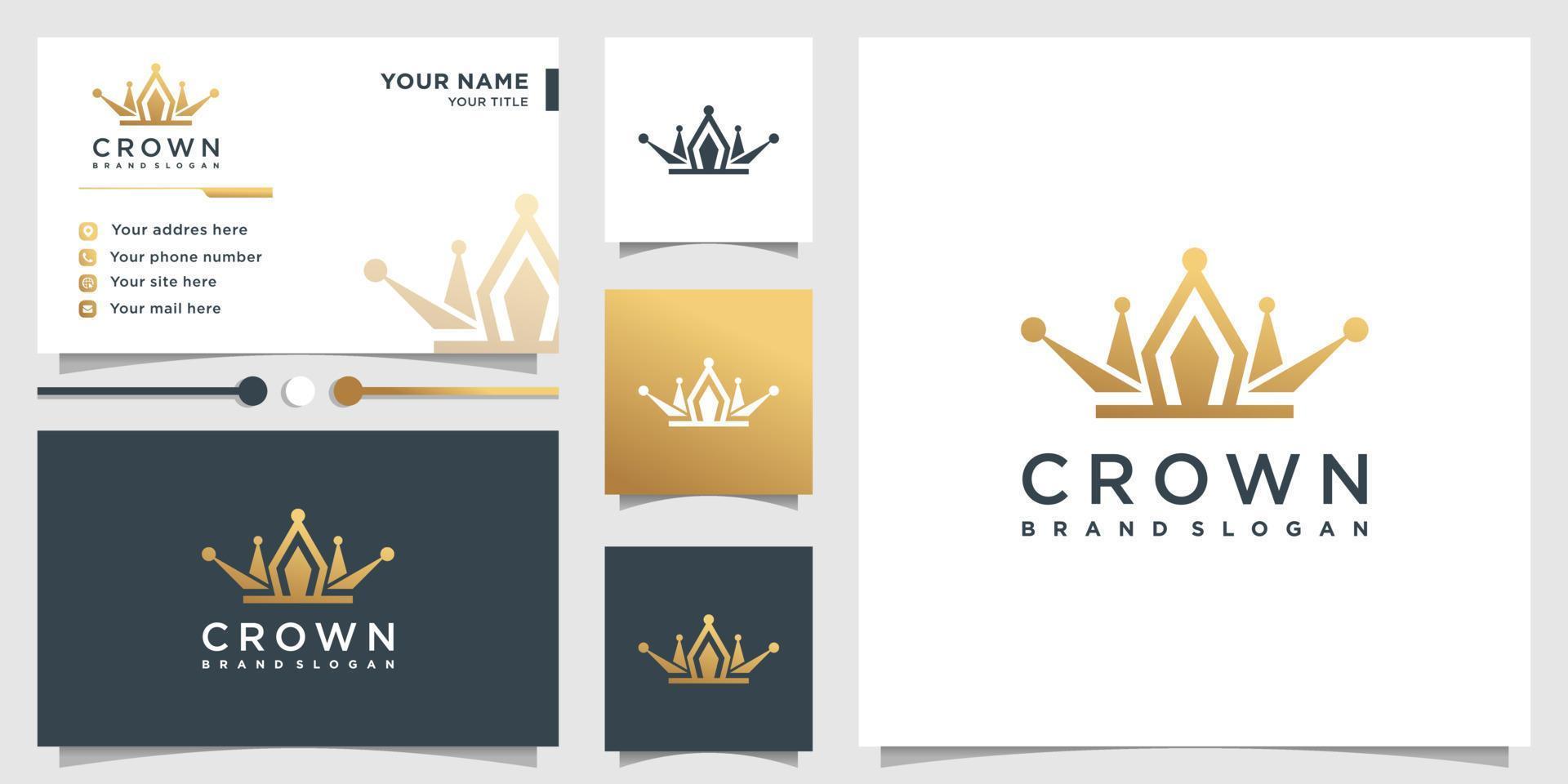 logo de la couronne avec style dégradé doré et conception de carte de visite vecteur premium