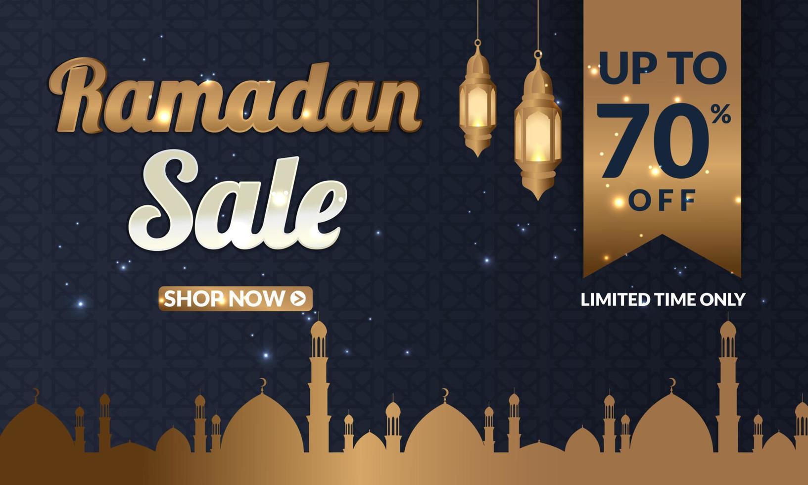 conception de bannière d'offre de vente de ramadan kareem avec fond de lune de lanterne d'ornement pour affiche de promotion, modèle de médias sociaux, remise, cadeau, bon, en-tête et bannière Web, carte de voeux d'eid mubarak vecteur