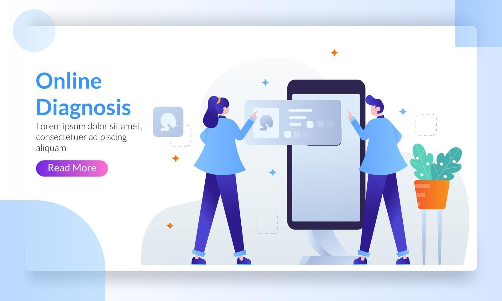 concept de diagnostic en ligne, soins de santé et services médicaux, consulter divers médecins, modèle de page de destination pour bannière, dépliant, interface utilisateur, web, application mobile, affiche vecteur
