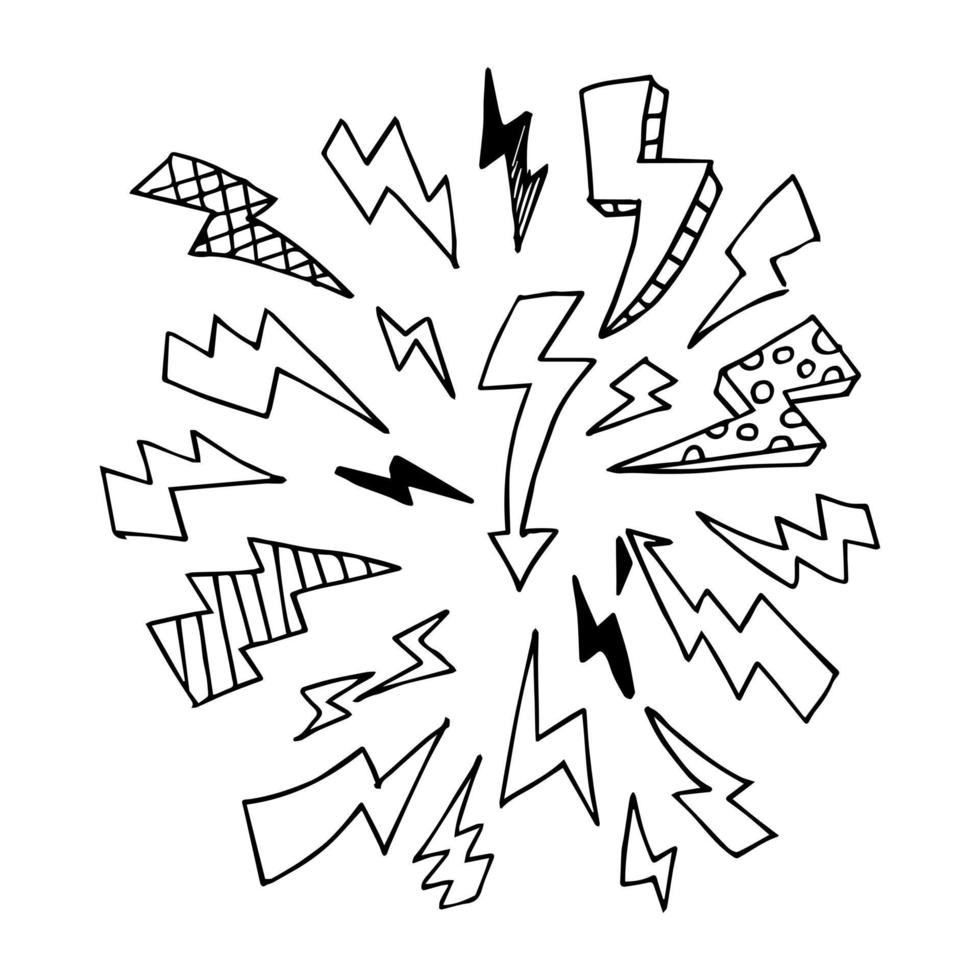 ensemble d'illustrations de croquis de symbole d'éclair électrique doodle vecteur dessinés à la main. tonnerre, illustration vectorielle