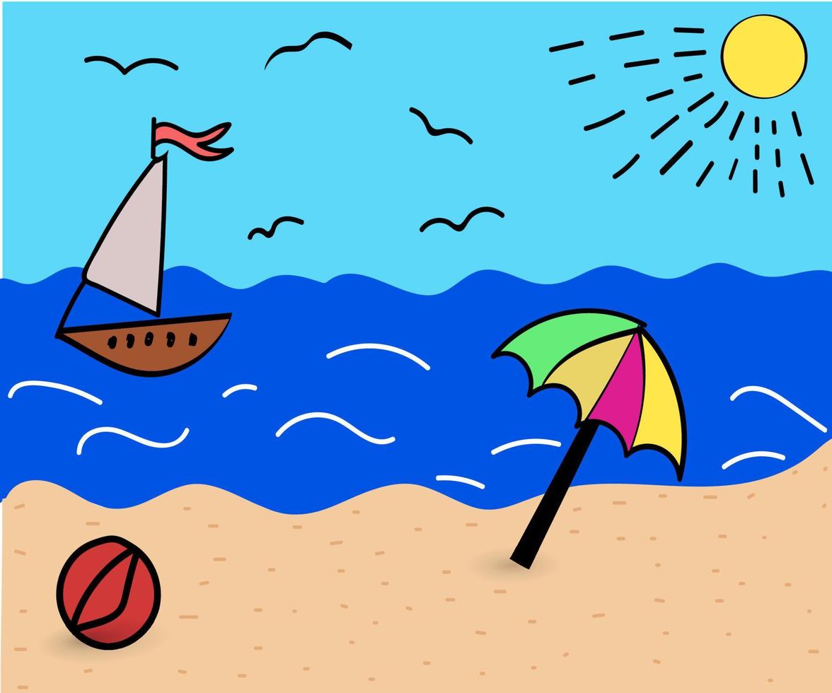 paysage de la côte de la mer avec un parapluie et un yacht sur la mer, dessinant dans un style de dessin animé amusant. eps 10 vecteur