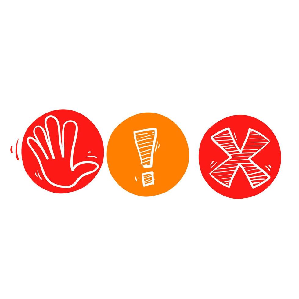 icône de panneau d'arrêt ensemble dessiné à la main avec main, marc d'exclamation et doodle croisé vecteur