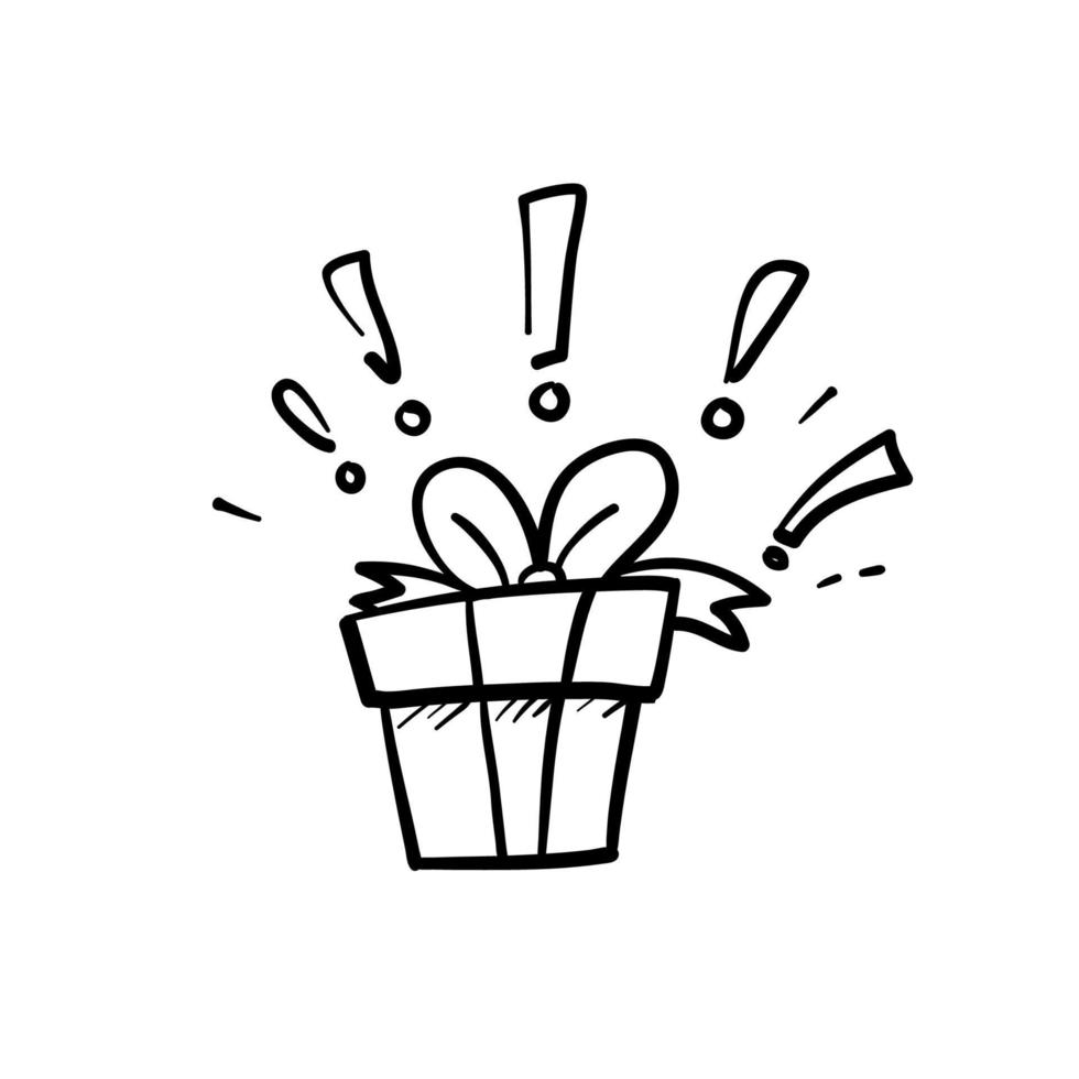 cadeau de plaisir dessiné à la main, boîte-cadeau surprise, fête d'anniversaire, forfait cadeau spécial, récompense du programme de fidélité, cadeau étonnant avec point d'exclamation, icône de doodle vecteur