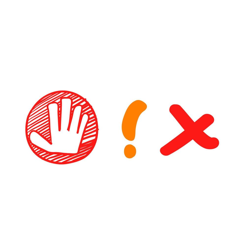 icône de panneau d'arrêt ensemble dessiné à la main avec main, marc d'exclamation et doodle croisé vecteur