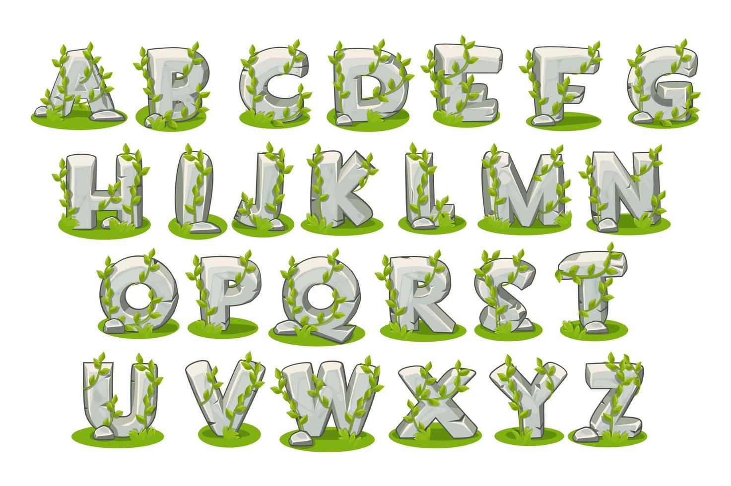 alphabet en pierre avec de l'herbe, prêt pour l'apprentissage vecteur