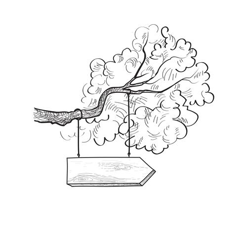 Poteau indicateur de flèche sur la branche d&#39;arbre. Enseigne en bois dessiné. Signe d&#39;information vecteur