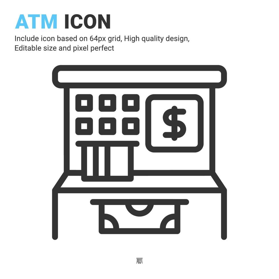 vecteur d'icône atm avec style de contour isolé sur fond blanc. illustration vectorielle concept d'icône de symbole de signe atm pour les affaires numériques, la finance, l'industrie, les applications, le web et le projet