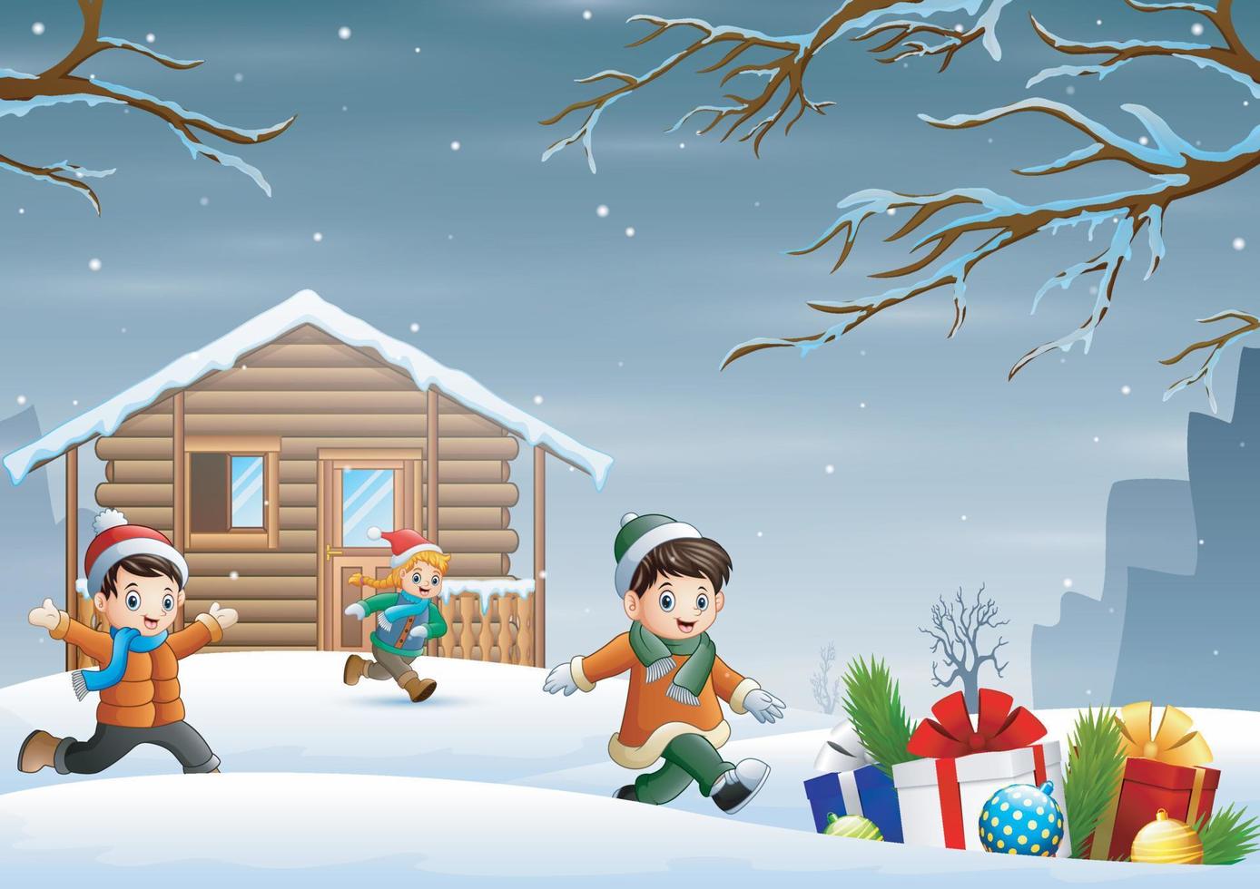 dessin animé enfants profitant de noël d'hiver devant la maison vecteur
