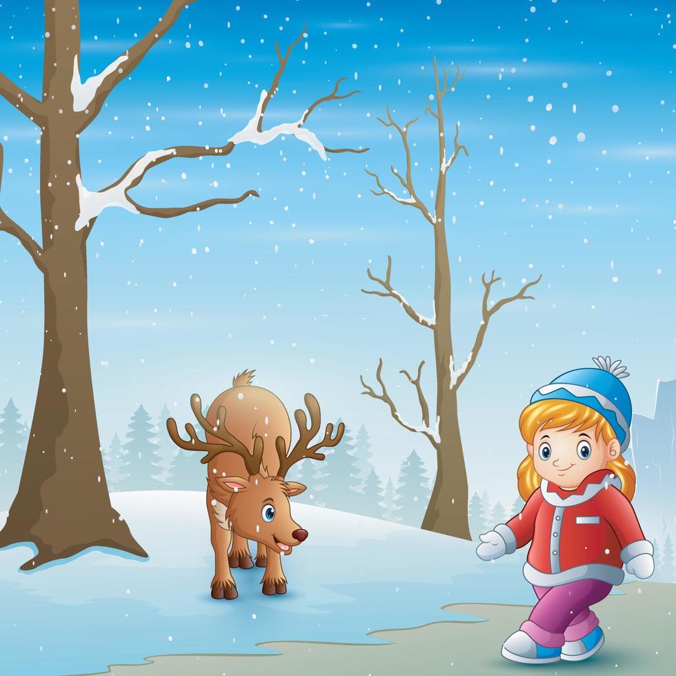 petite fille avec un cerf sur le champ de neige vecteur
