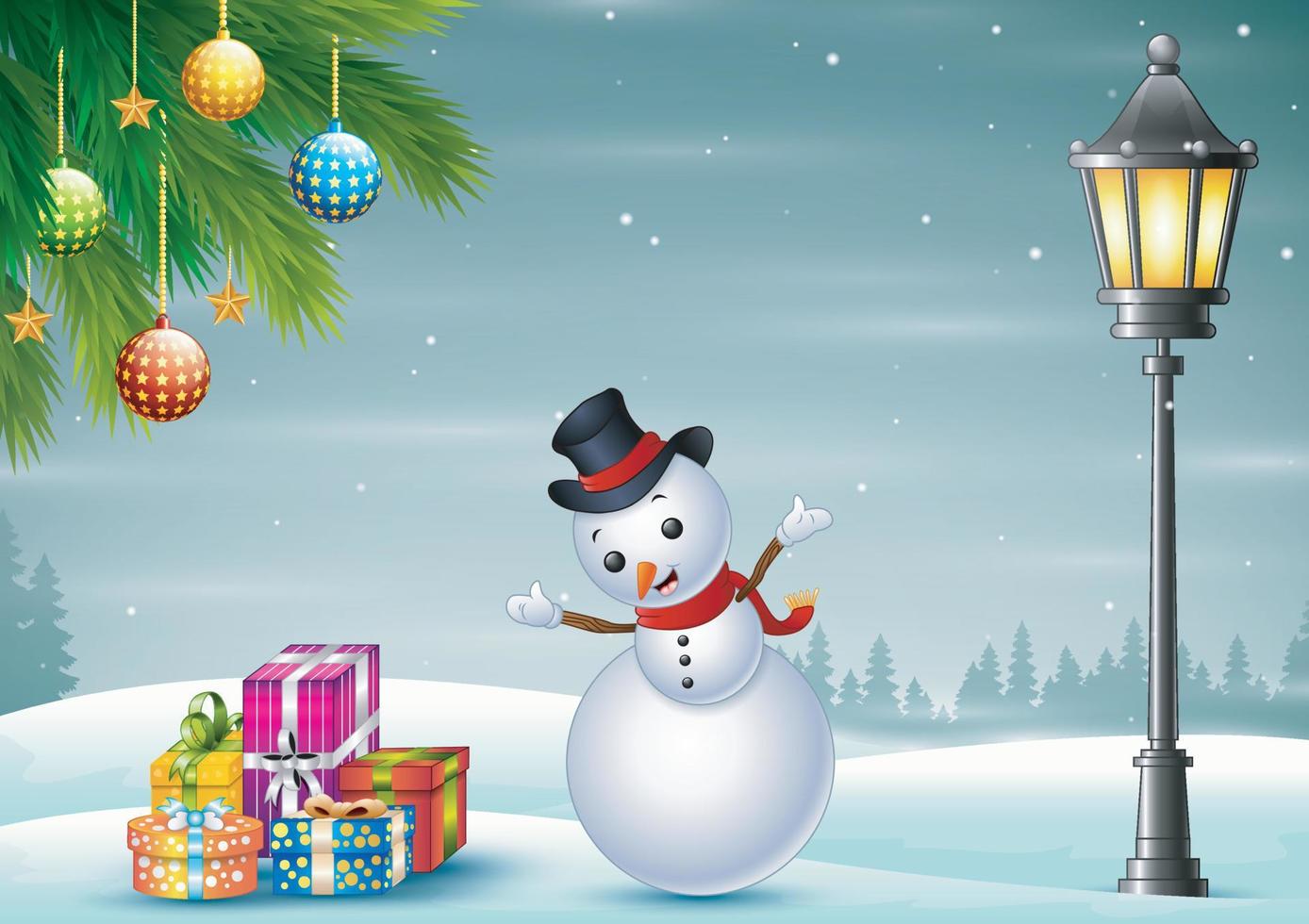 dessin animé de bonhomme de neige avec des boîtes cadeau sous un lampadaire sur la neige vecteur