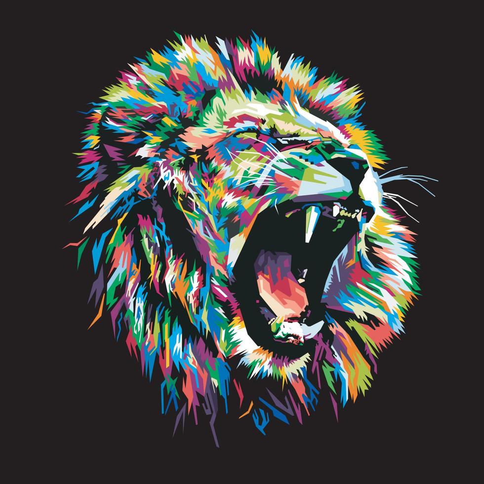 tête de lion colorée sur un style pop art isolée avec un fond noir vecteur