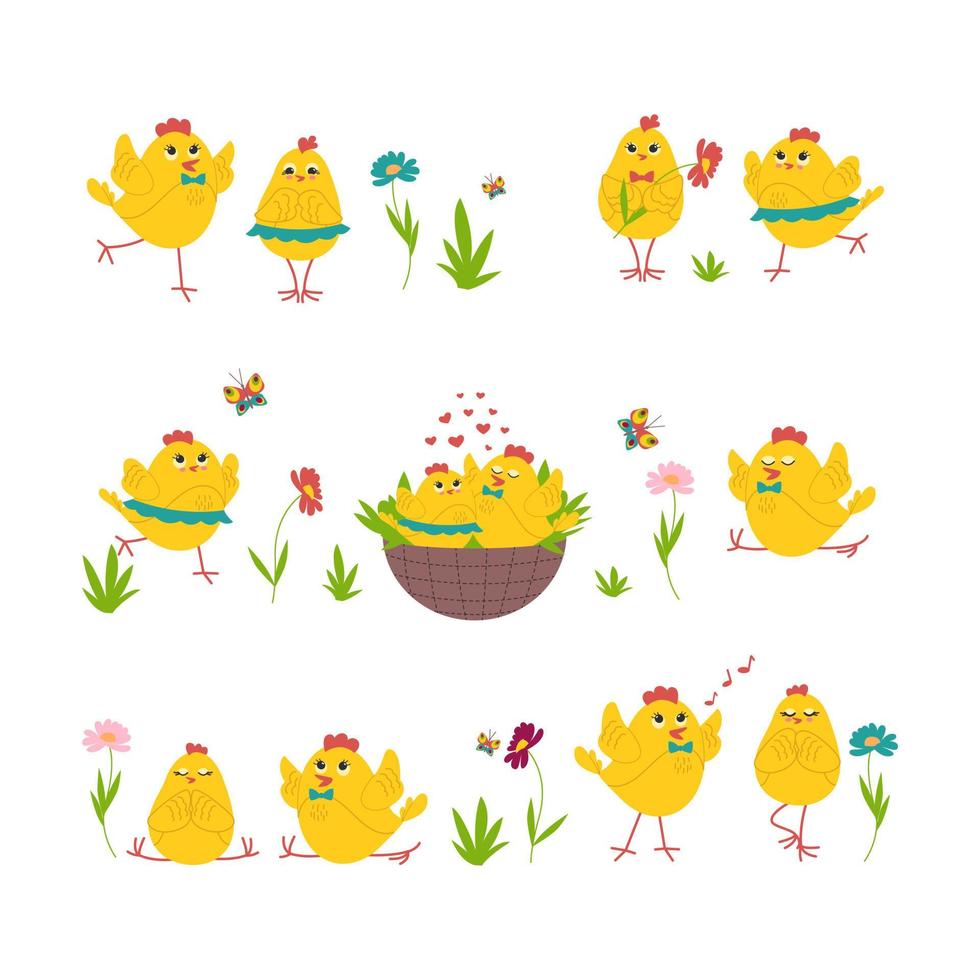 joli ensemble de poulets de pâques, poulets jaunes dans différentes poses, un couple amoureux, faisant du yoga. illustration vectorielle vecteur
