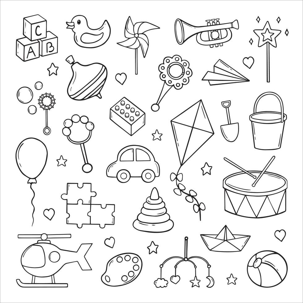 ensemble de doodle de jouets pour enfants. constructeur, ballon, moulinet, boule, voiture, pyramide dans le style de croquis. illustration de vecteur dessiné à la main isolé sur fond blanc.