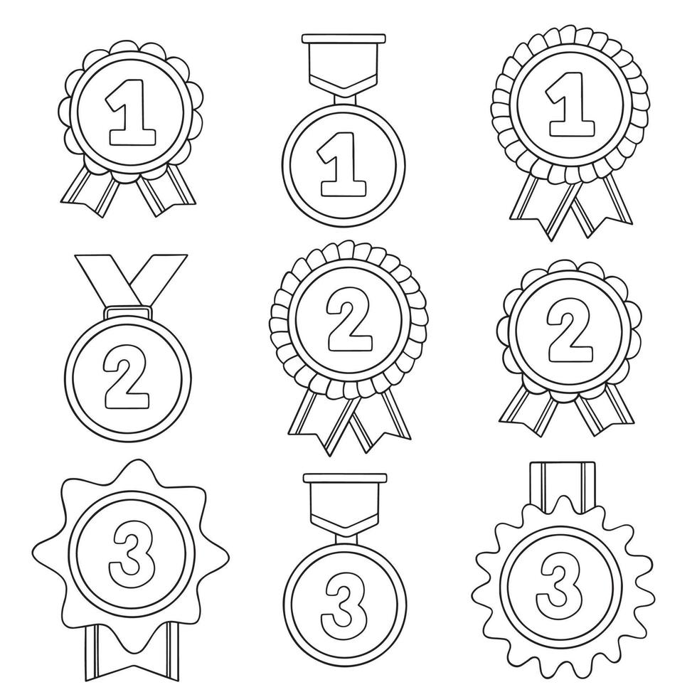 ensemble de griffonnages de médailles dessinés à la main. médaille de champion et de gagnant avec ruban dans le style de croquis. illustration vectorielle isolée sur fond blanc. vecteur
