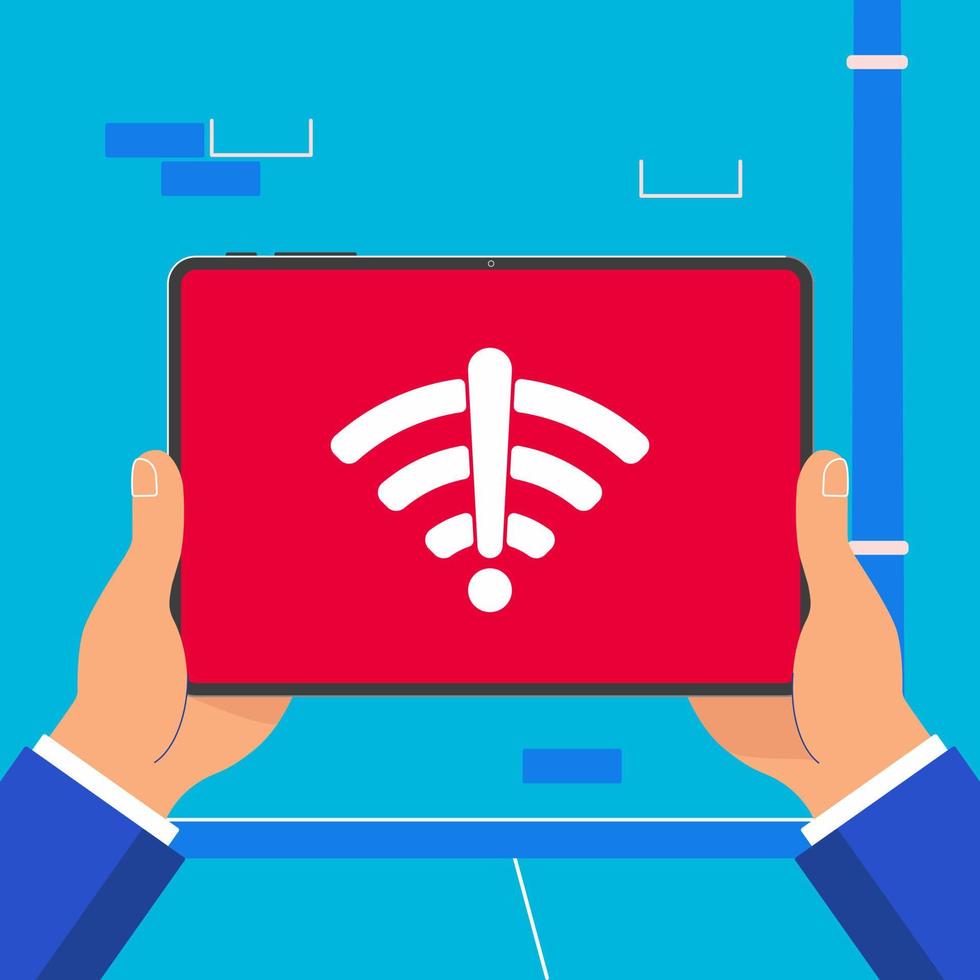 mains tenant une tablette noire devant un mur vert. pad tablette dans des mains humaines sans signal wifi icône signe symbole sur l'illustration vectorielle de conception plate d'écran. écran tactile de l'index. vecteur