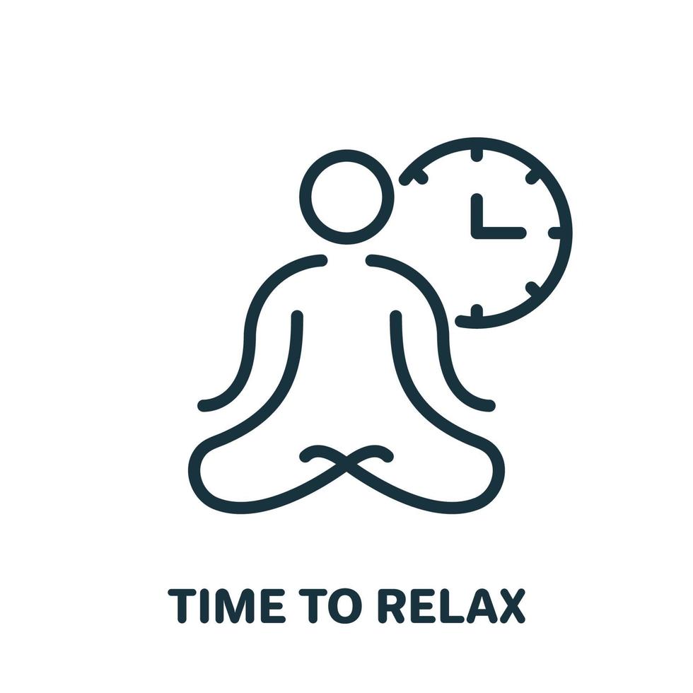 temps pour se détendre, méditation, icône de ligne de yoga. homme assis en pictogramme linéaire de position du lotus. icône de contour calme mental et corporel. illustration vectorielle isolée. vecteur